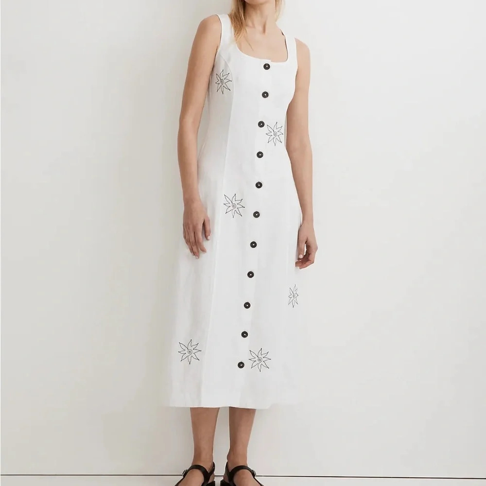Madewell Button Front Midi Dress in 100% Linen Eyelet White - Picture 3 of 8